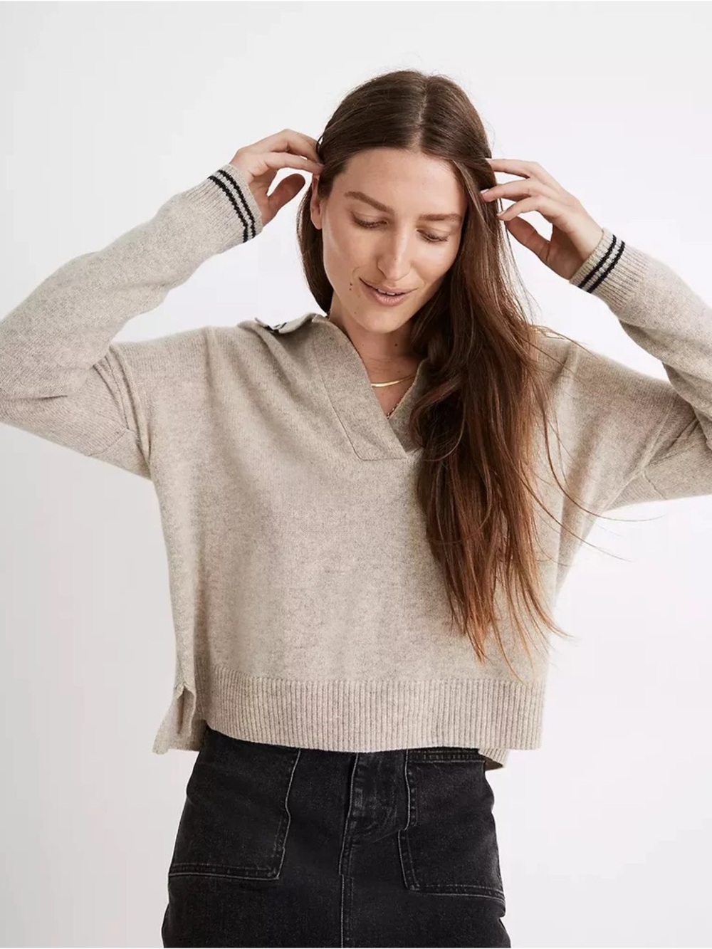 Madewell Merino Wool Cream V-Neck Polo Sweater
